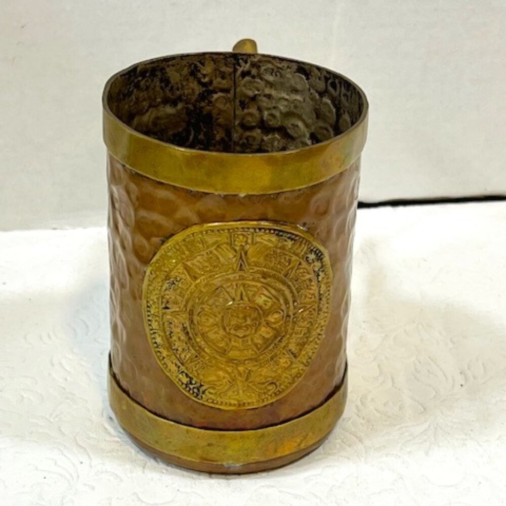 VTG Handmade Hammered Copper Brass Aztec Mayan Calendar Mug Cup Stein 4.5" Tall